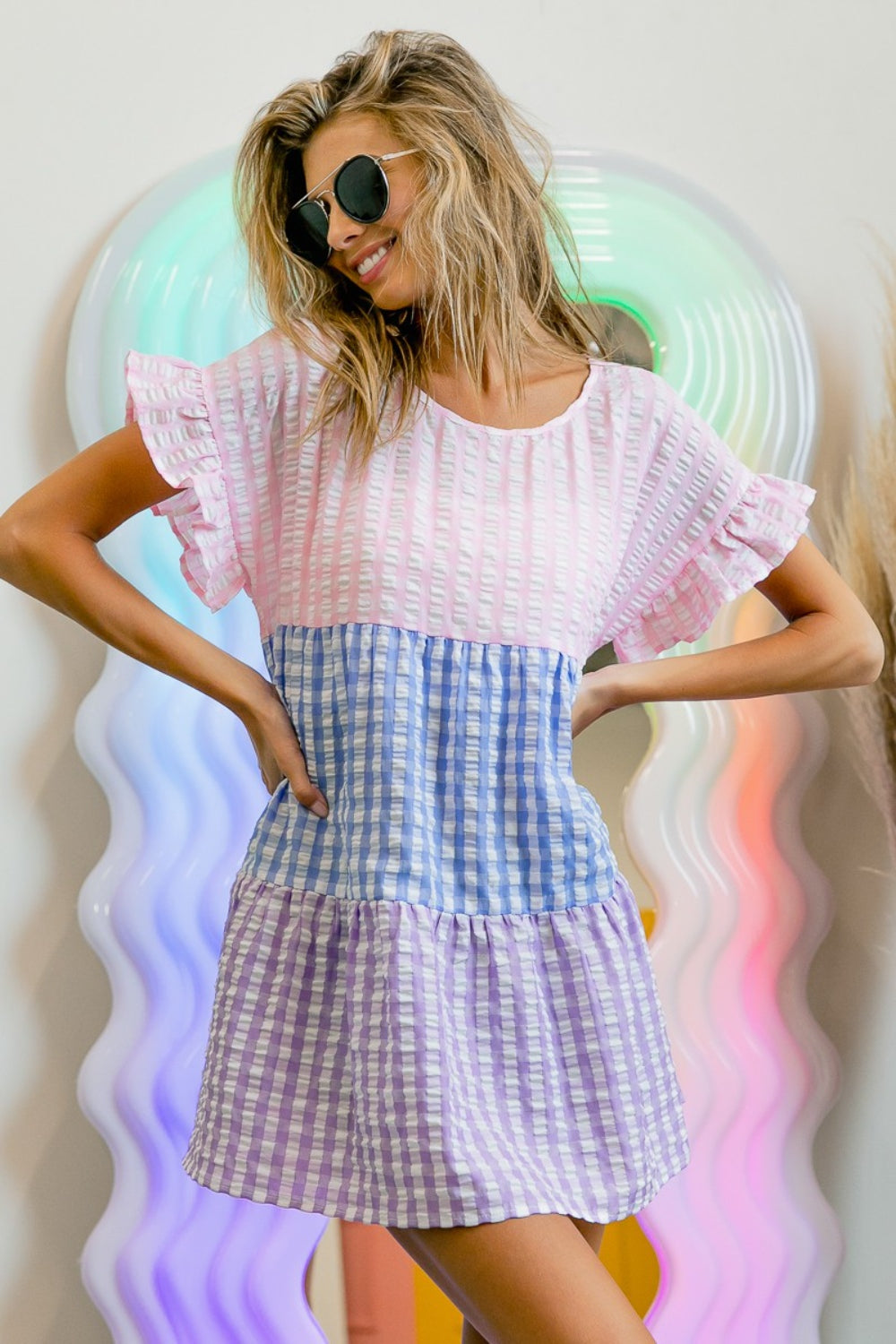 BiBi Plaid Color Block Tiered Top-TOPS / DRESSES-[Adult]-[Female]-2022 Online Blue Zone Planet