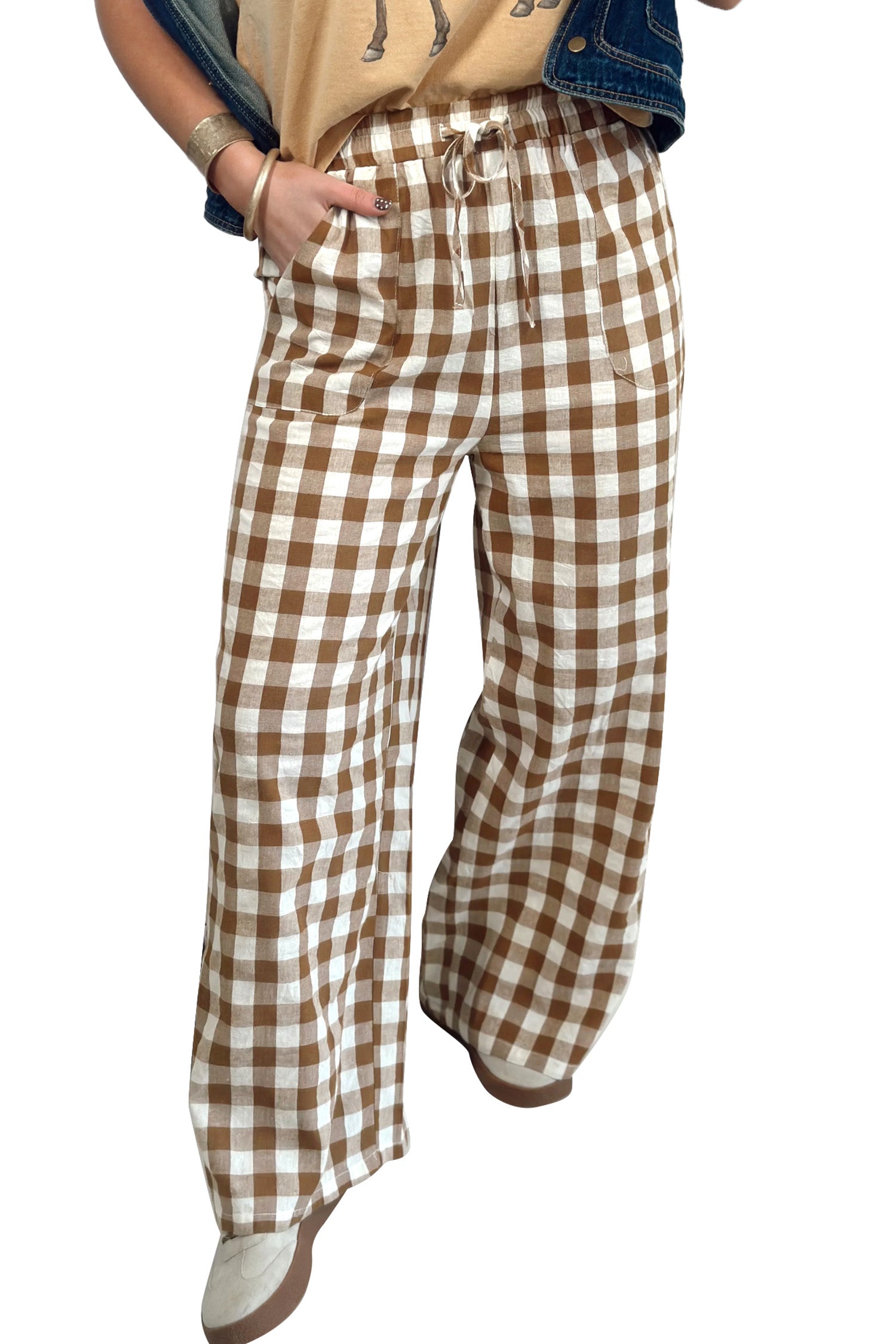 Brown Gingham Plaid Tie Elastic Waist Shift Pants-Bottoms/Pants & Culotte-[Adult]-[Female]-2022 Online Blue Zone Planet