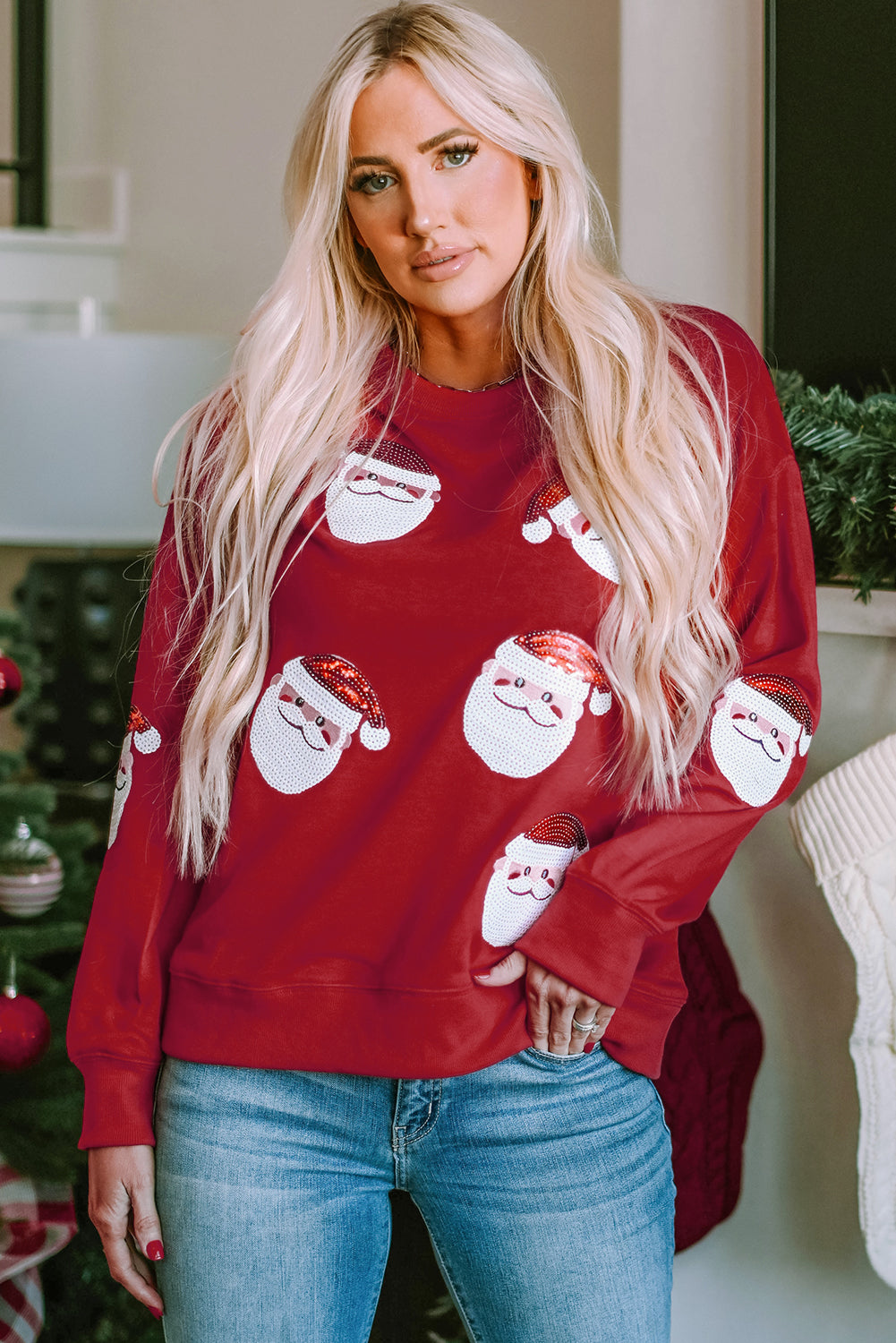 Fiery Red Santa Claus Sequin Graphic Sweatshirt-Graphic/Graphic Sweatshirts-[Adult]-[Female]-2022 Online Blue Zone Planet