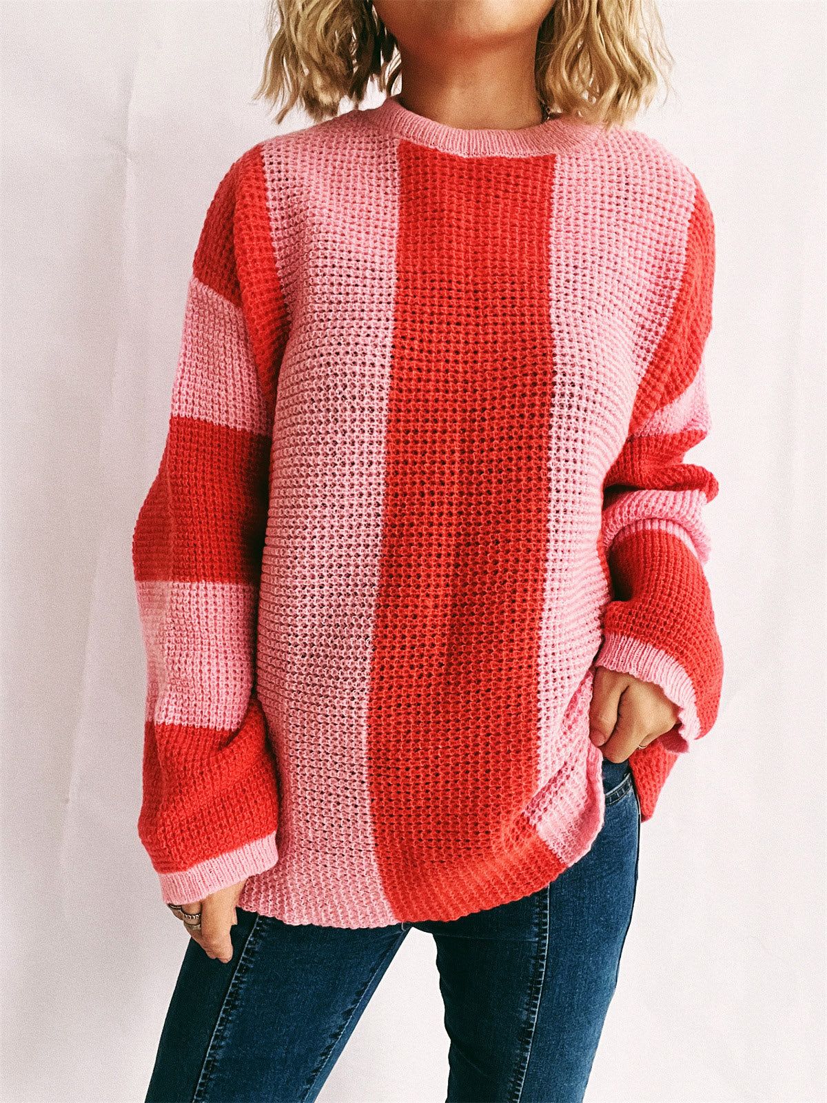 Color Block Round Neck Long Sleeve Sweater-TOPS / DRESSES-[Adult]-[Female]-Orange-Red-S-2022 Online Blue Zone Planet