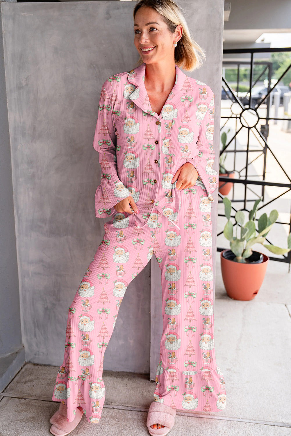Pink Christmas Print Ruffle Ribbed Shirt and Pants Pajama Set-Loungewear Set-[Adult]-[Female]-2022 Online Blue Zone Planet