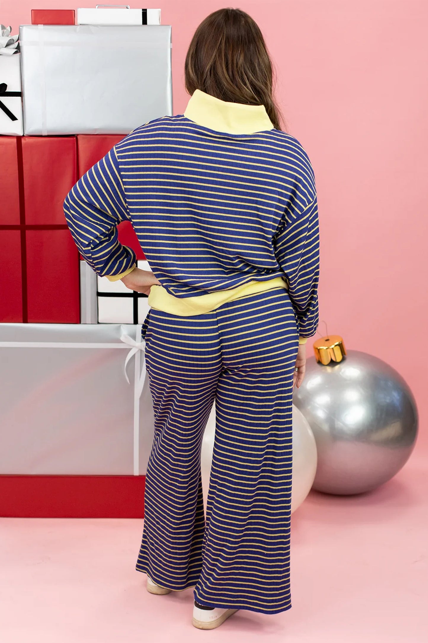 Blue Stripe Color Block Patchwork Zip V Neck Pullover Loose Pants 2pcs Set-Two Piece Sets/Pant Sets-[Adult]-[Female]-2022 Online Blue Zone Planet