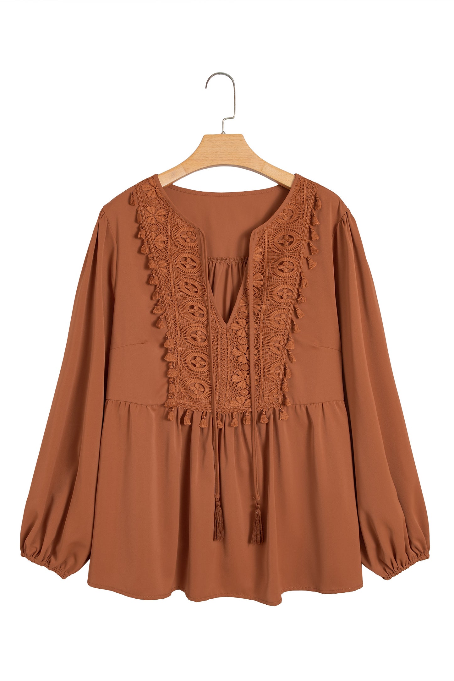 Chestnut Boho V Neck Embroidered Tassel Long Sleeve Plus Size Blouse-Plus Size/Plus Size Tops/Plus Size Blouses & Shirts-[Adult]-[Female]-2022 Online Blue Zone Planet