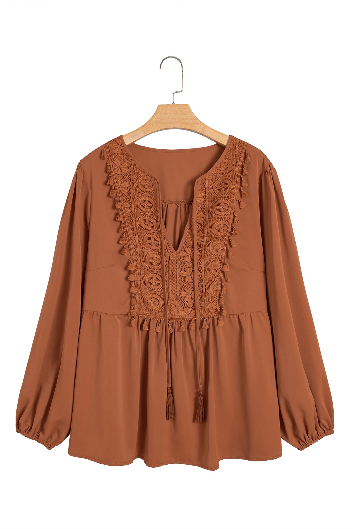 Chestnut Boho V Neck Embroidered Tassel Long Sleeve Plus Size Blouse-Plus Size/Plus Size Tops/Plus Size Blouses & Shirts-[Adult]-[Female]-2022 Online Blue Zone Planet