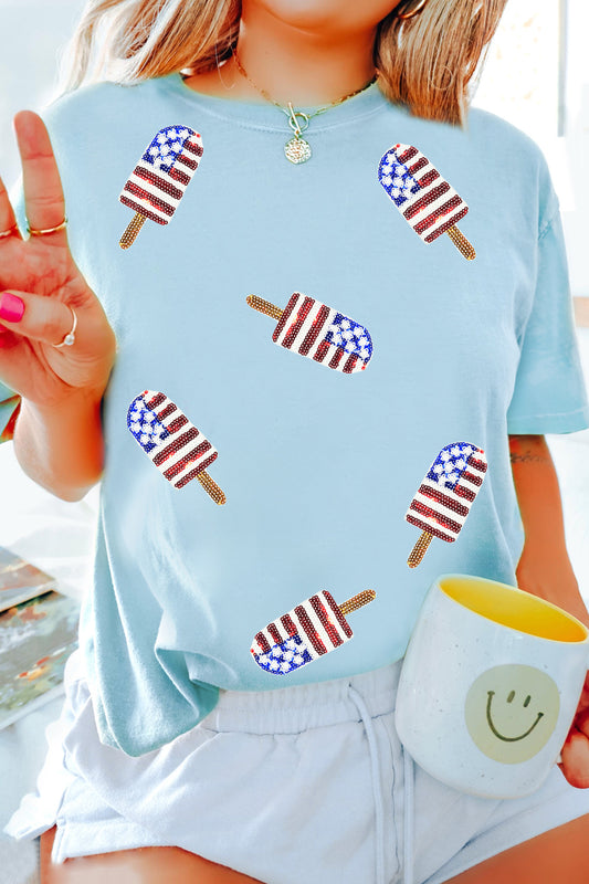 Light Blue Patriotic Sequin Popsicle T Shirt-Graphic/Graphic Tees-[Adult]-[Female]-Light Blue-S-2022 Online Blue Zone Planet