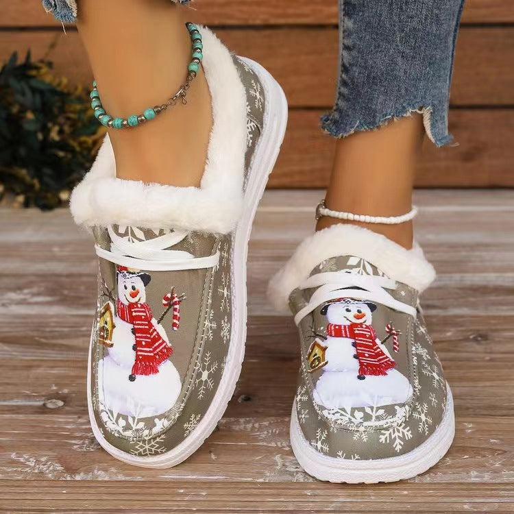 Snowman Print Round Toe Slip-Ons-SHOES-[Adult]-[Female]-Khaki-36(US5)-2022 Online Blue Zone Planet