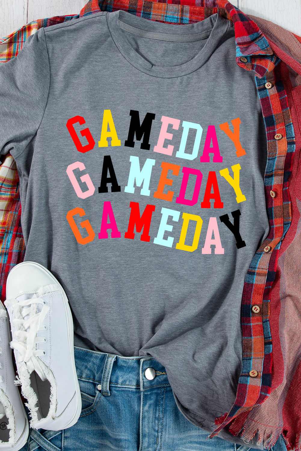 Gray Colorful GAME DAY Graphic Crew T Shirt-Graphic/Graphic Tees-[Adult]-[Female]-2022 Online Blue Zone Planet