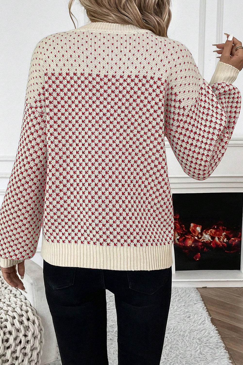 Red Contrast Color Pattern Lantern Sleeve Sweater-Sweaters & Cardigans/Sweaters-[Adult]-[Female]-2022 Online Blue Zone Planet