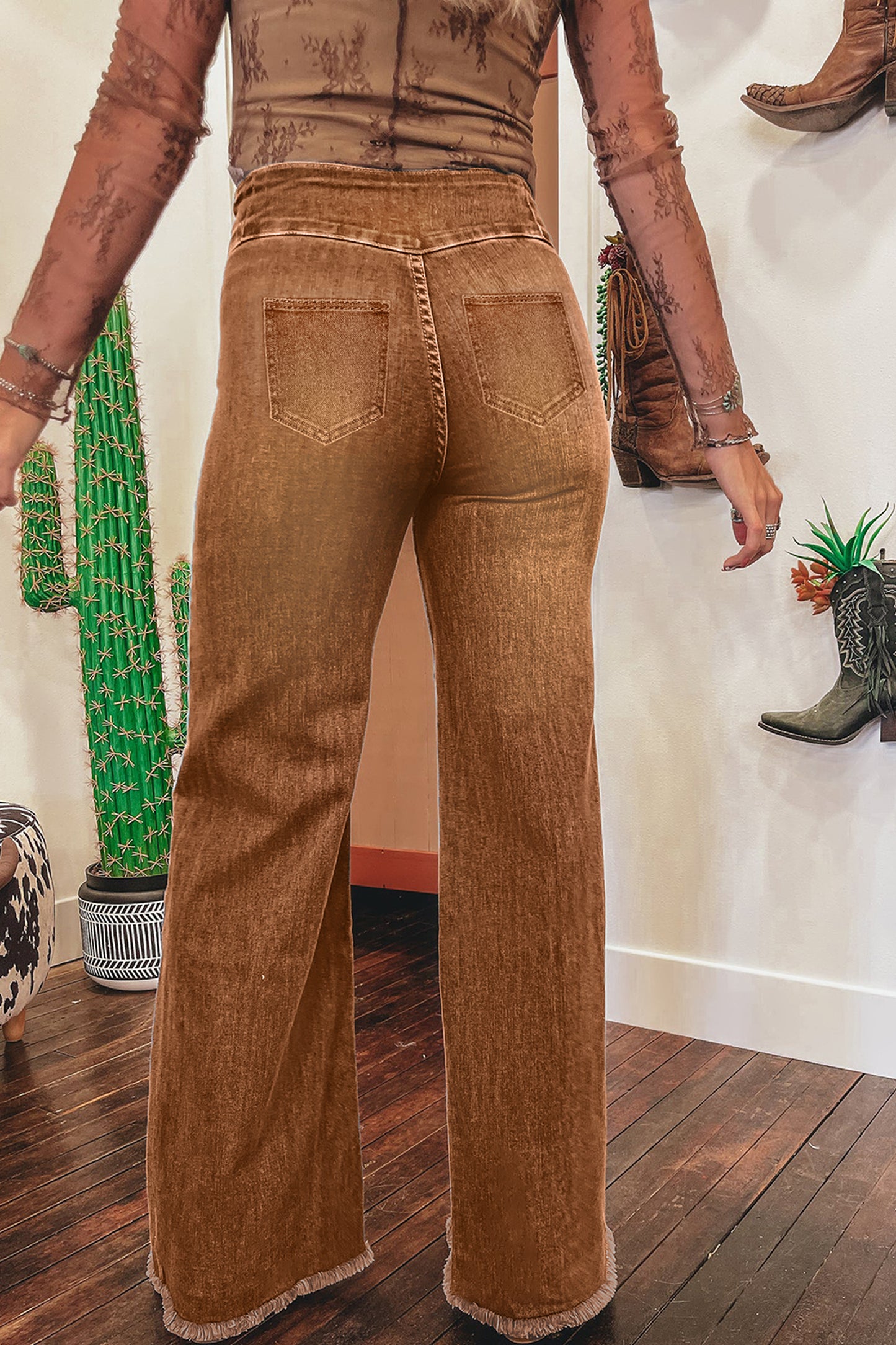 Coffee High Waist Button Fly Seamed Raw Hem Flare Jeans-Bottoms/Jeans-[Adult]-[Female]-2022 Online Blue Zone Planet