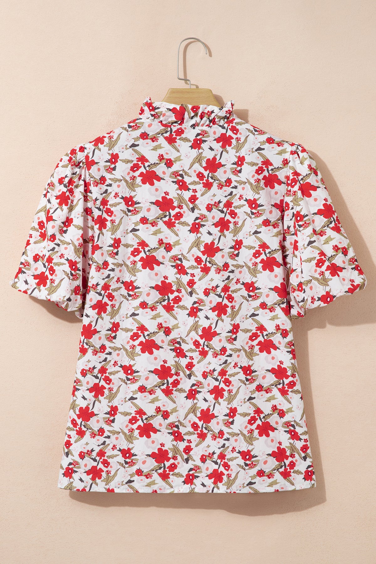 Red Floral Print Short Puff Sleeve Button Front Shirt-Tops/Blouses & Shirts-[Adult]-[Female]-2022 Online Blue Zone Planet