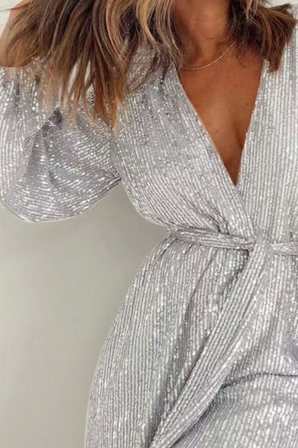 Full Size Sequin Surplice Tie Waist Long Sleeve Romper-TOPS / DRESSES-[Adult]-[Female]-2022 Online Blue Zone Planet