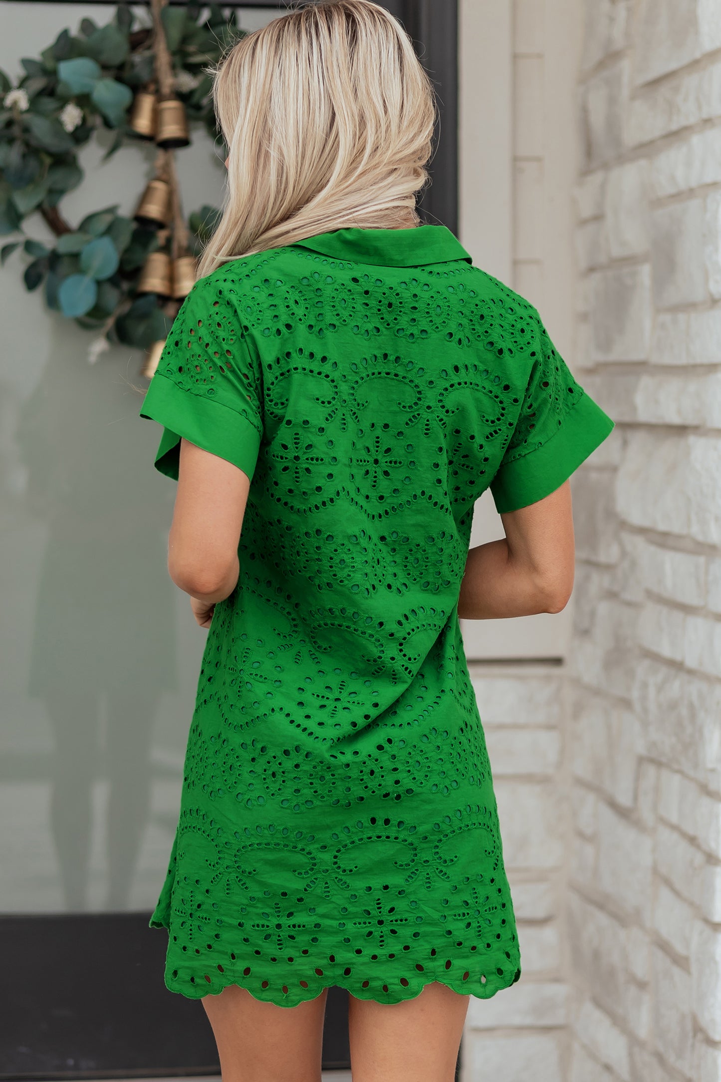 Green Solid Color Eyelet Embroidered T Shirt Mini Dress-TOPS / DRESSES-[Adult]-[Female]-2022 Online Blue Zone Planet