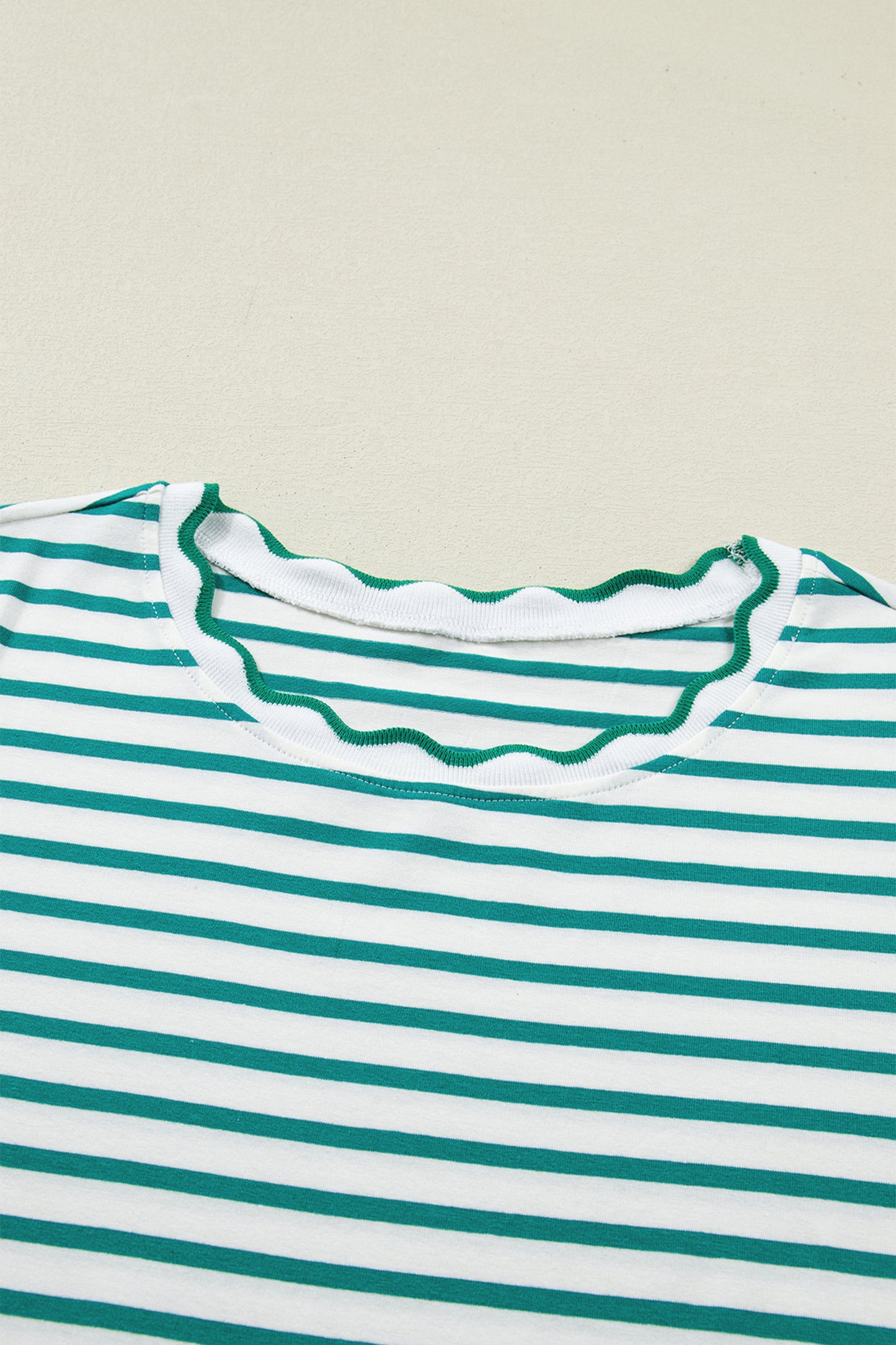 Pink Stripe Scalloped Trim Round Neck T Shirt-Tops/Tops & Tees-[Adult]-[Female]-2022 Online Blue Zone Planet