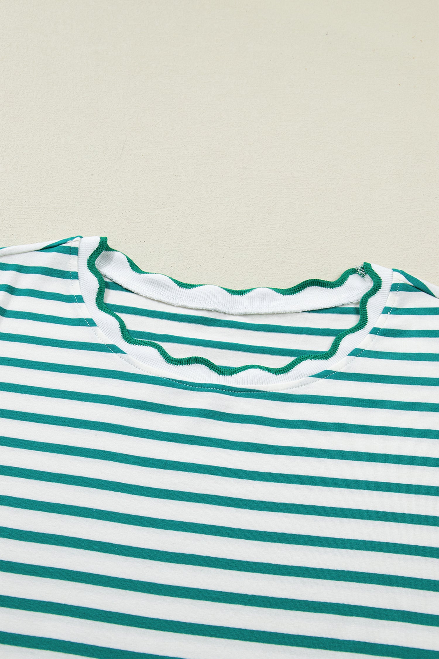 Pink Stripe Scalloped Trim Round Neck T Shirt-Tops/Tops & Tees-[Adult]-[Female]-2022 Online Blue Zone Planet