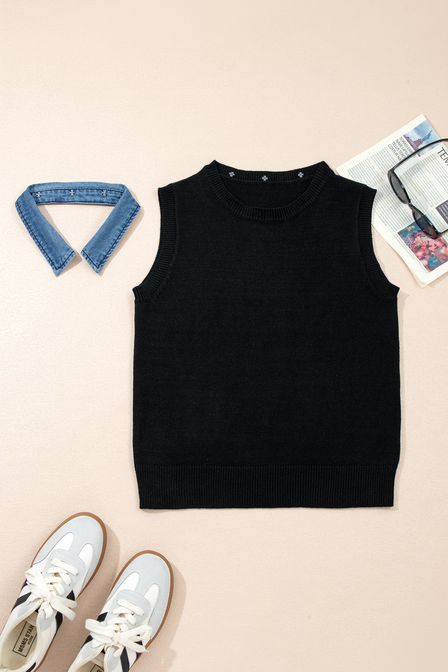 Black Solid Color Knit Contrast Denim Patchwork Collar Sweater Vest-TOPS / DRESSES-[Adult]-[Female]-2022 Online Blue Zone Planet