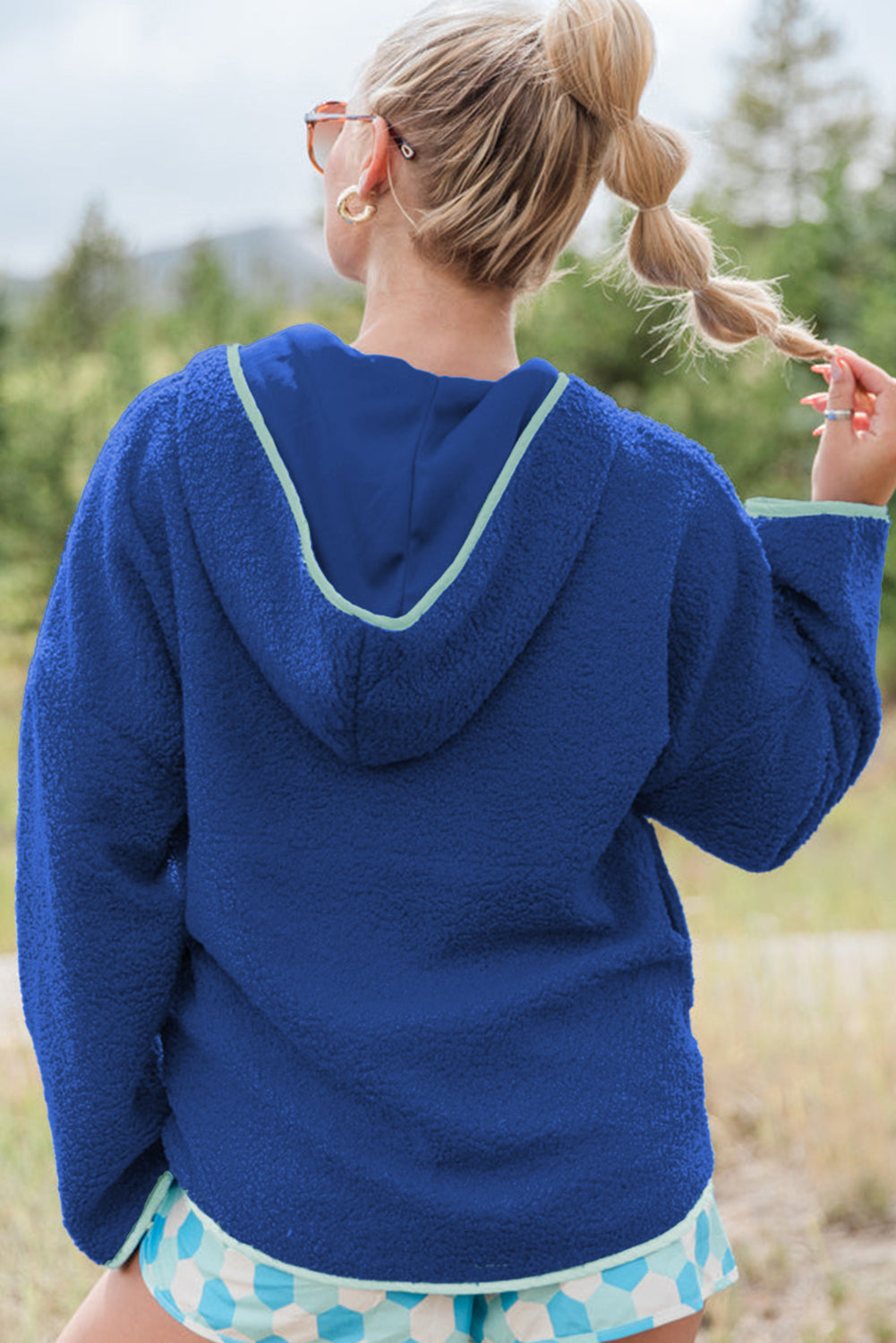Sky Blue Sherpa Half Zip Contrast Trim Pullover Hoodie-Tops / Dresses-[Adult]-[Female]-2022 Online Blue Zone Planet