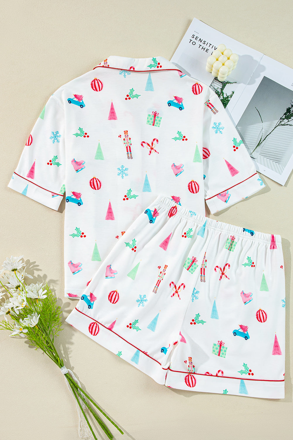 Blue Zone Planet | White Christmas Print Short Sleeve Shirt and Shorts Pajama Set-TOPS / DRESSES-[Adult]-[Female]-2022 Online Blue Zone Planet