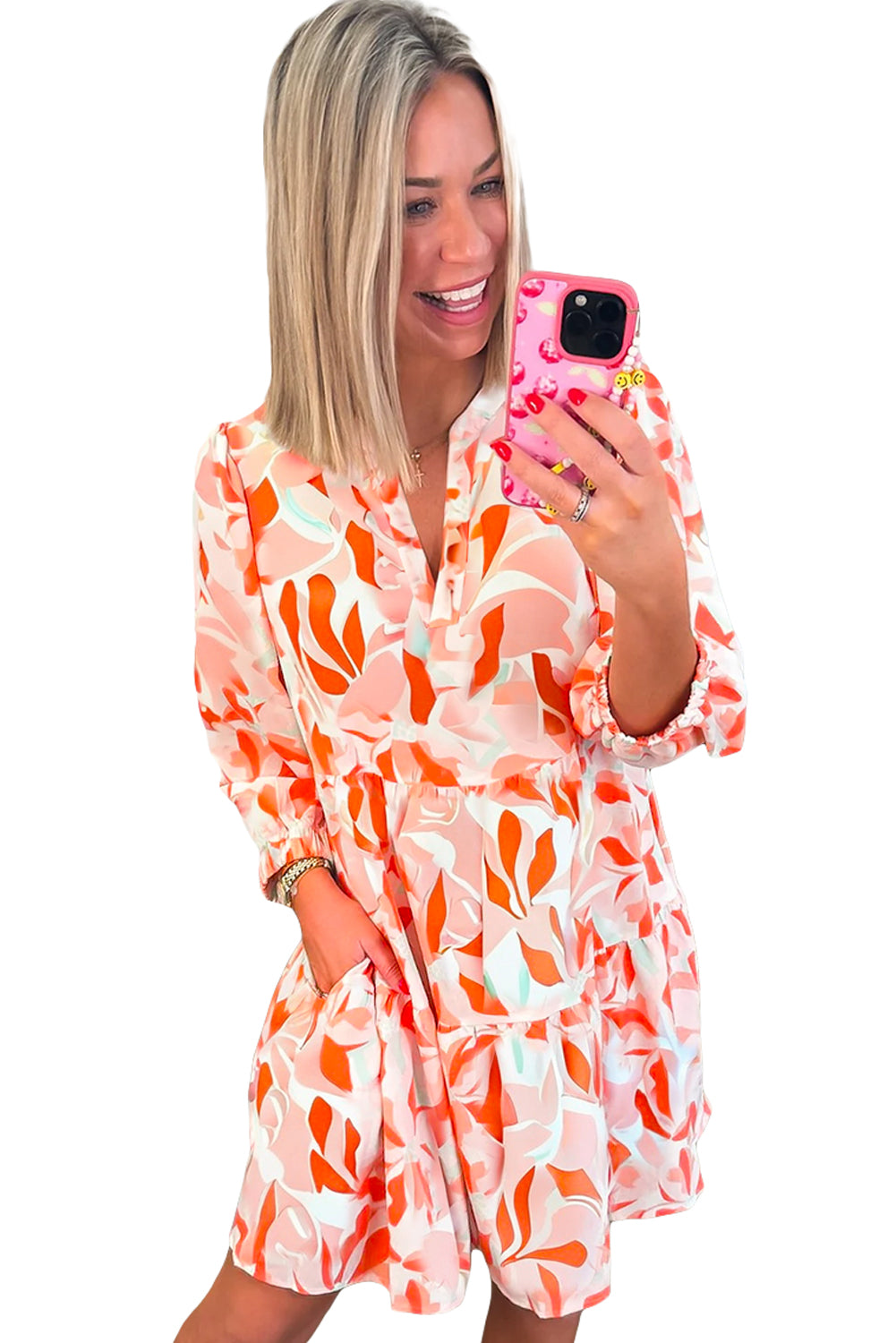 Orange Abstract Print Split Neck Long Sleeve Dress-TOPS / DRESSES-[Adult]-[Female]-2022 Online Blue Zone Planet