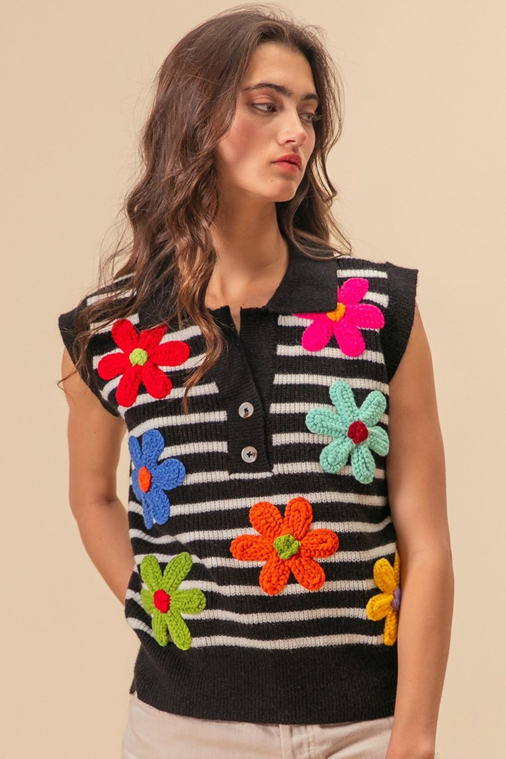 BiBi Flower Patch Striped Half Button Sweater Vest-TOPS / DRESSES-[Adult]-[Female]-2022 Online Blue Zone Planet