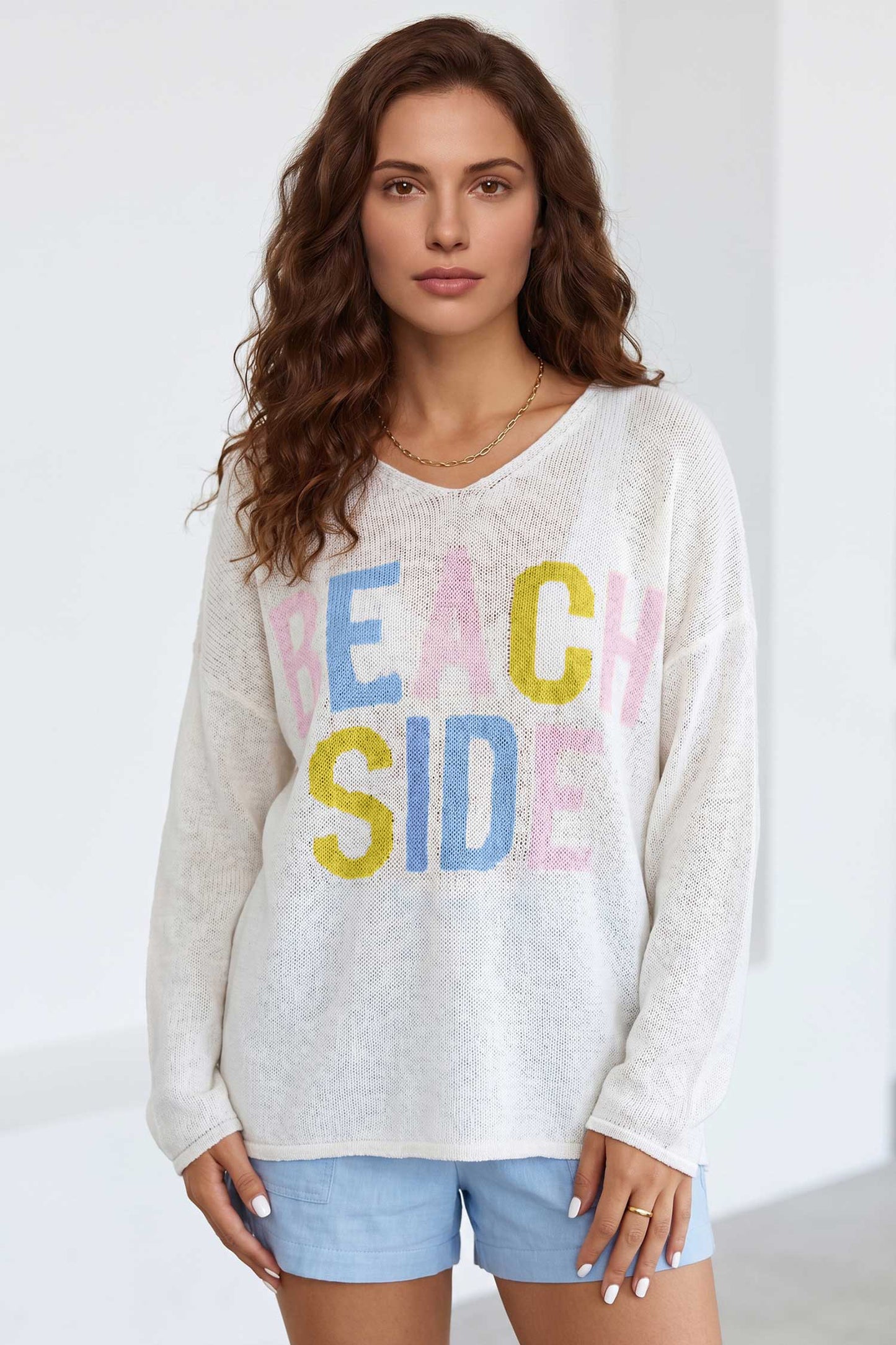 White V Neck Lightweight Knit BEACH SIDE Shift Tunic Sweater-Sweaters & Cardigans/Sweaters-[Adult]-[Female]-2022 Online Blue Zone Planet