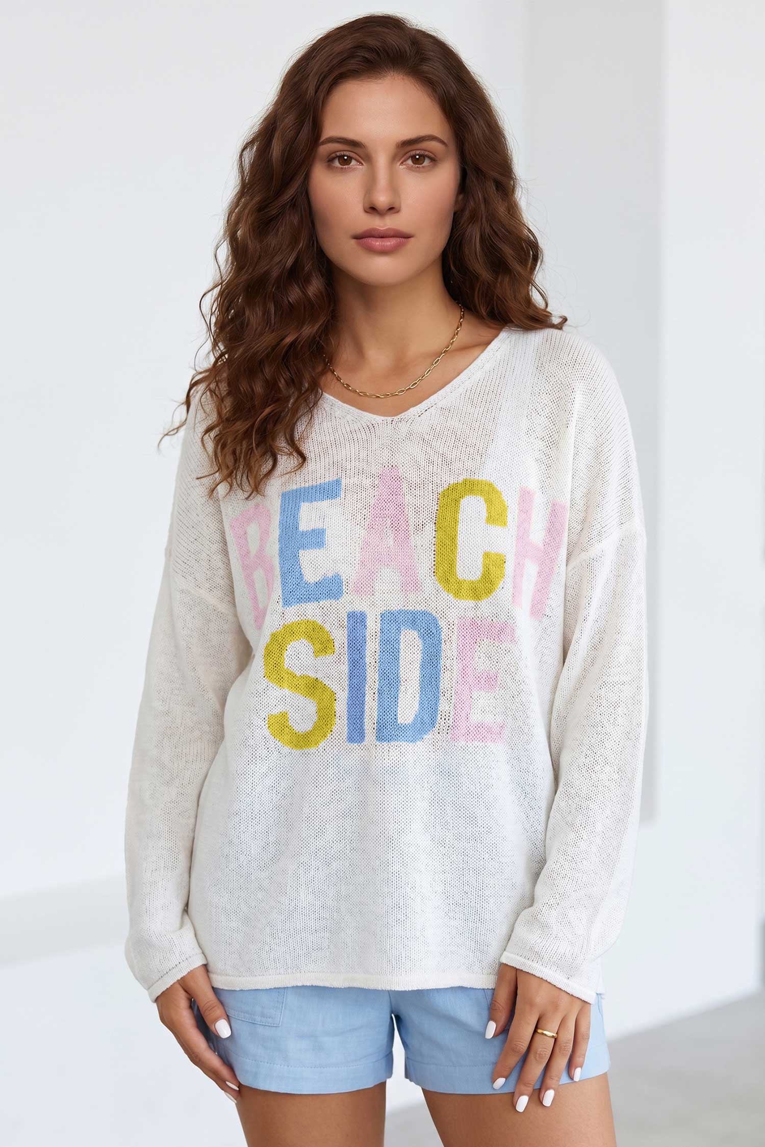White V Neck Lightweight Knit BEACH SIDE Shift Tunic Sweater-Sweaters & Cardigans/Sweaters-[Adult]-[Female]-2022 Online Blue Zone Planet