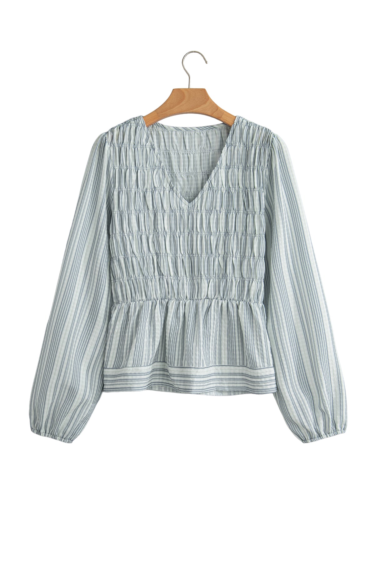 Blue Stripe V Neck Shirred Long Sleeve Blouse-Tops/Blouses & Shirts-[Adult]-[Female]-2022 Online Blue Zone Planet