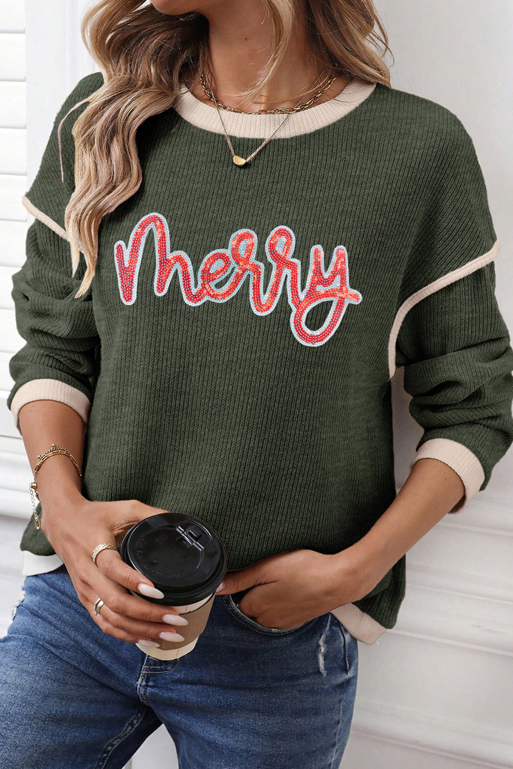 Four Leaf Clover Merry Patched Graphic Contrast Trim Christmas Knitted Long Sleeve Top-Graphic/Graphic Long Sleeve Tees-[Adult]-[Female]-2022 Online Blue Zone Planet