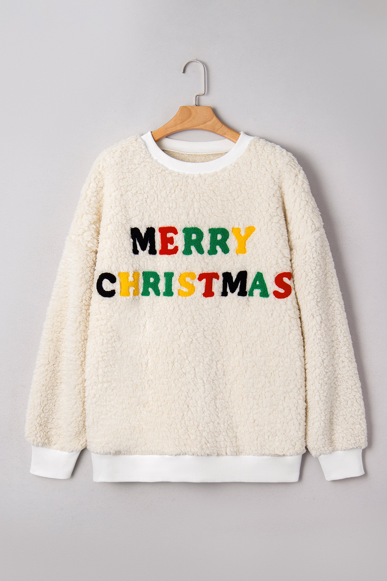 White MERRY CHRISTMAS Multicolor Embroidered Sherpa Pullover Sweatshirt-Tops/Sweatshirts & Hoodies-[Adult]-[Female]-2022 Online Blue Zone Planet