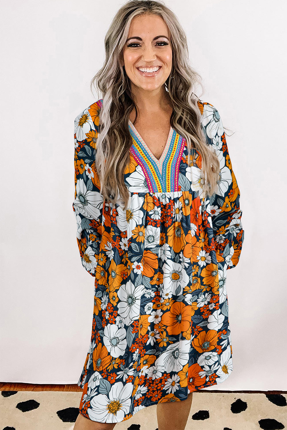 Orange Floral Print Striped Lace V Neck Long Sleeve Mini Dress-TOPS / DRESSES-[Adult]-[Female]-2022 Online Blue Zone Planet