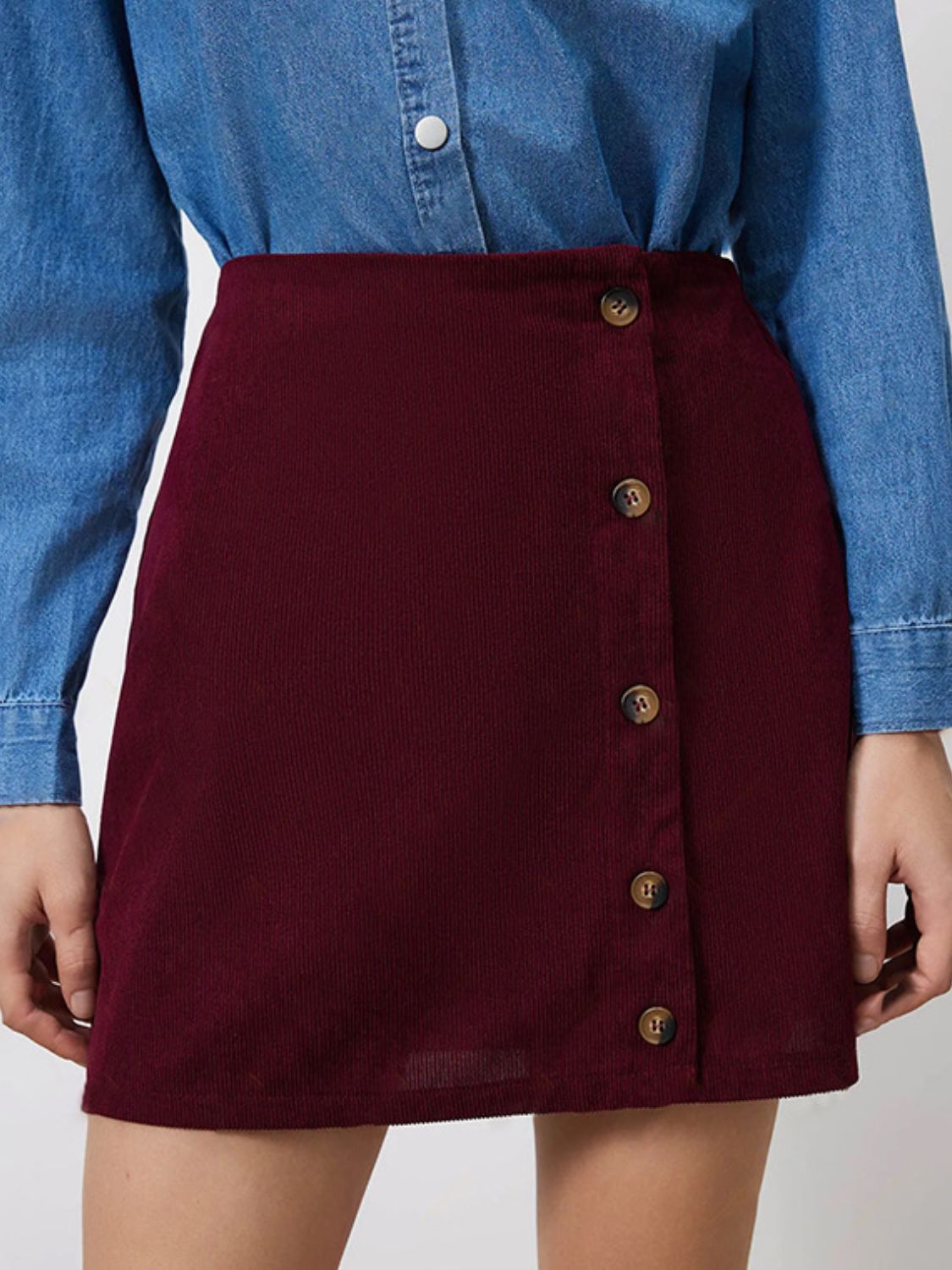 Blue Zone Planet | Buttoned High Rise Mini Skirt-BOTTOMS SIZES SMALL MEDIUM LARGE-[Adult]-[Female]-Burgundy-S-2022 Online Blue Zone Planet