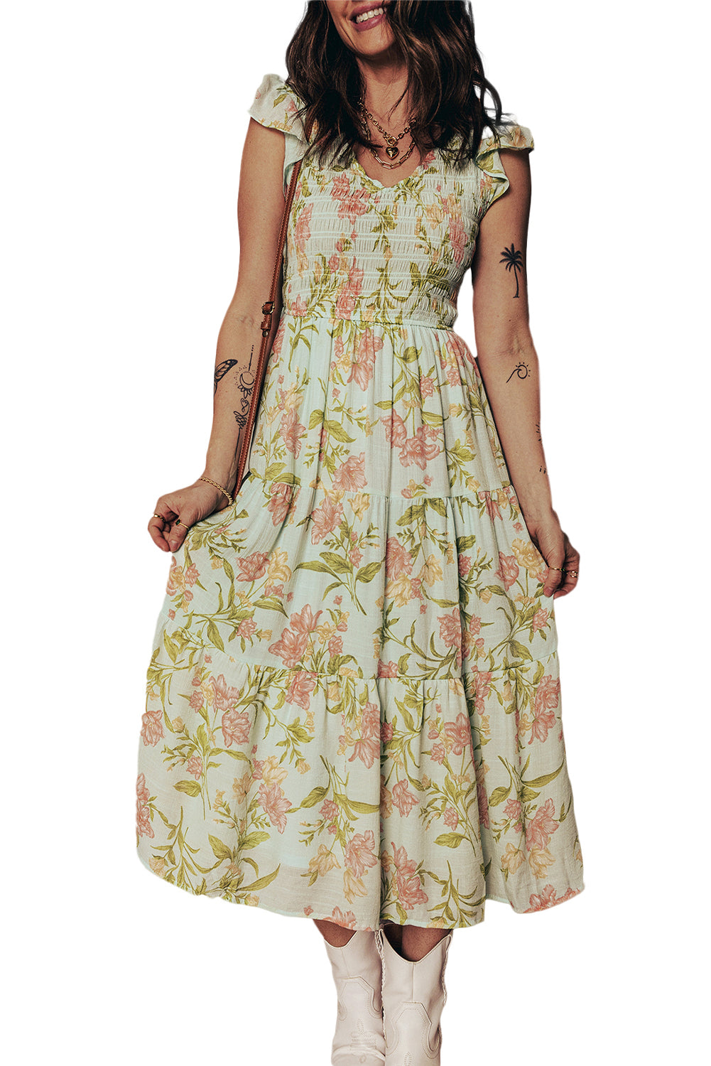 Yellow Smocked Bodice Ruffled Sleeveless Tiered Floral Maxi Dress-Dresses/Maxi Dresses-[Adult]-[Female]-2022 Online Blue Zone Planet