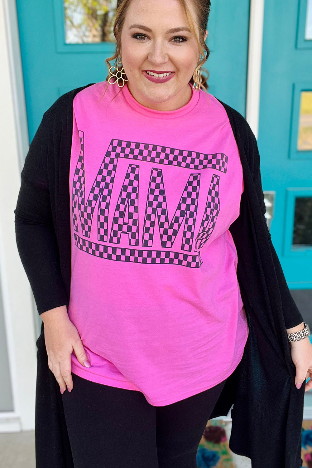 Bright Pink Checkered MAMA Letter Print Plus Size T Shirt-Plus Size Tops-[Adult]-[Female]-2022 Online Blue Zone Planet