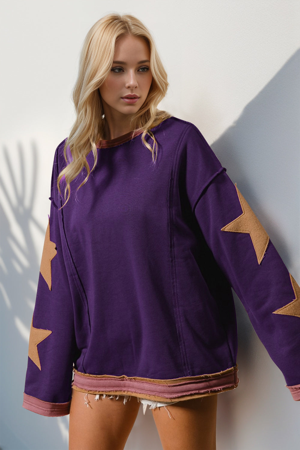 Blue Zone Planet | Double Take Star Patched Long Sleeve Sweatshirt-TOPS / DRESSES-[Adult]-[Female]-Purple-S-2022 Online Blue Zone Planet