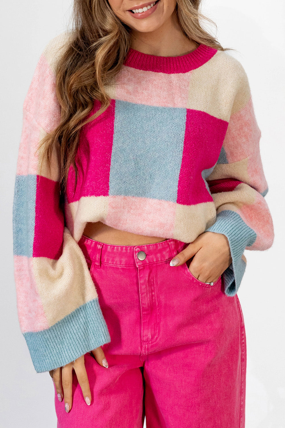 Rose Red Color Block Drop Shoulder Crewneck Loose Fit Sweater-Sweaters & Cardigans/Sweaters-[Adult]-[Female]-Rose Red-S-2022 Online Blue Zone Planet