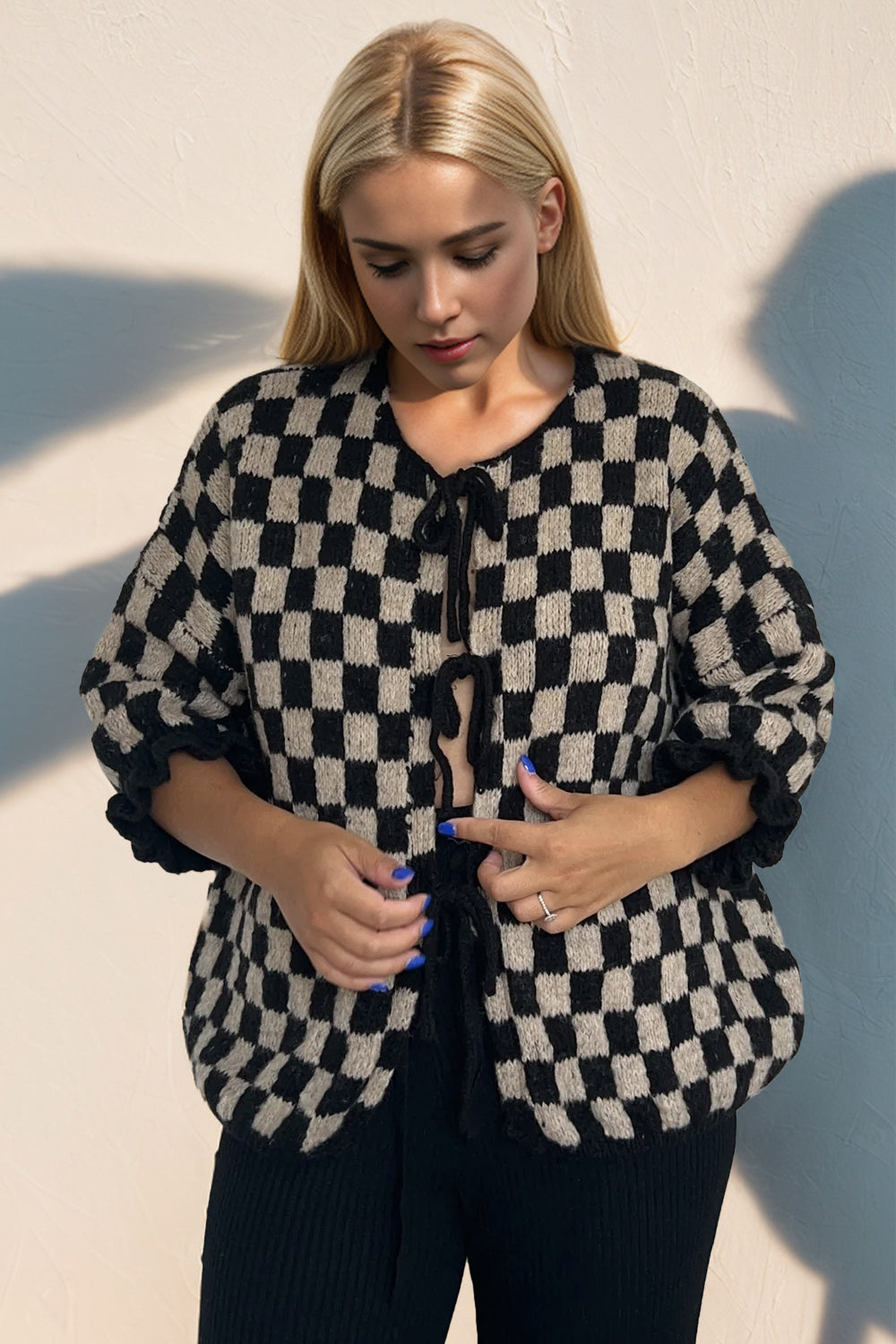 Double Take Tied Checkered Dropped Shoulder Flounce Sleeve Cardigan-TOPS / DRESSES-[Adult]-[Female]-Black-S-2022 Online Blue Zone Planet