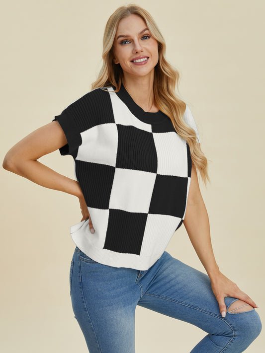 Double Take Full Size Checkered Round Neck Short Sleeve Sweater-TOPS / DRESSES-[Adult]-[Female]-Black-S-2022 Online Blue Zone Planet