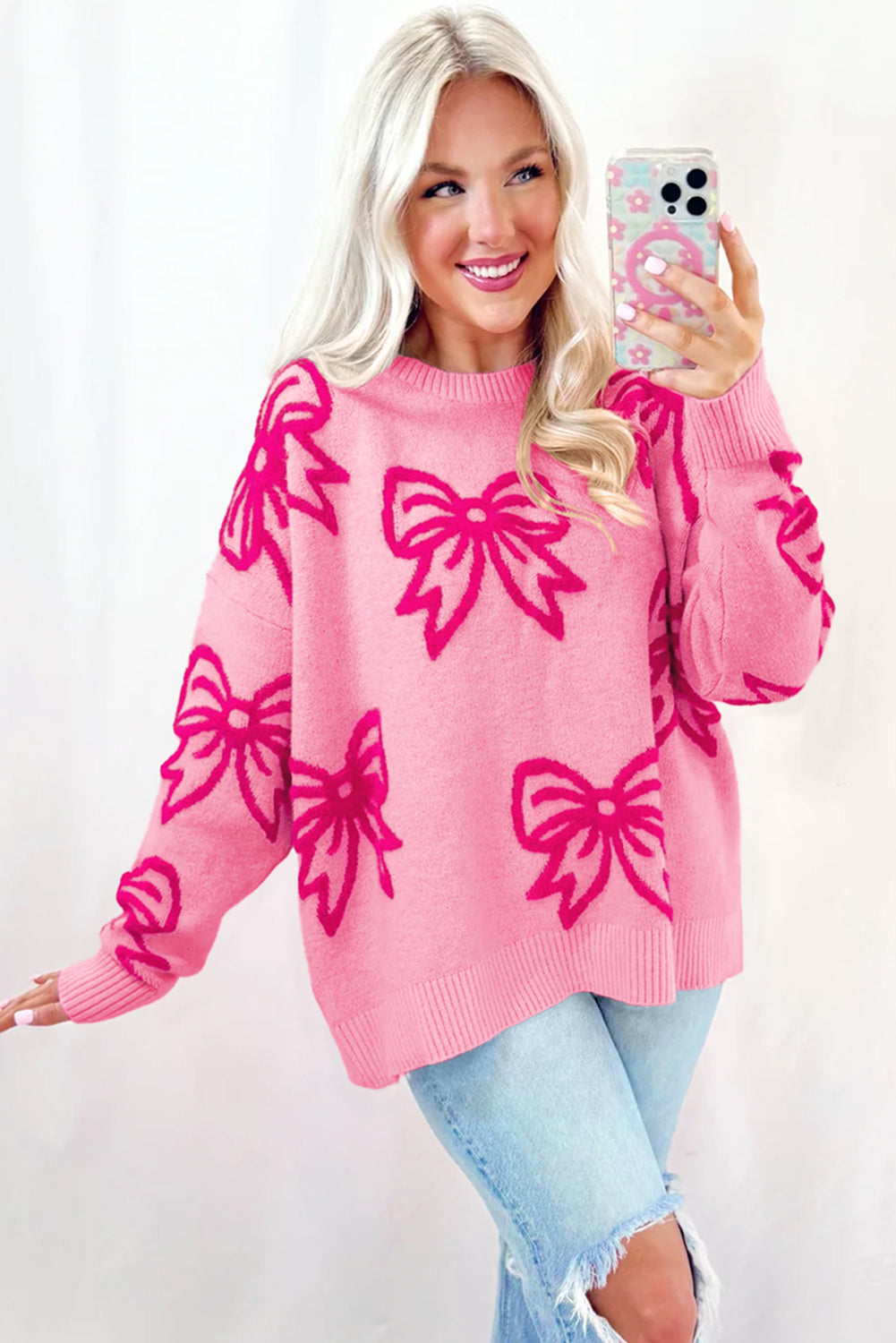 Blue Zone Planet |  Pink Bow Pattern Drop Shoulder Loose Sweater