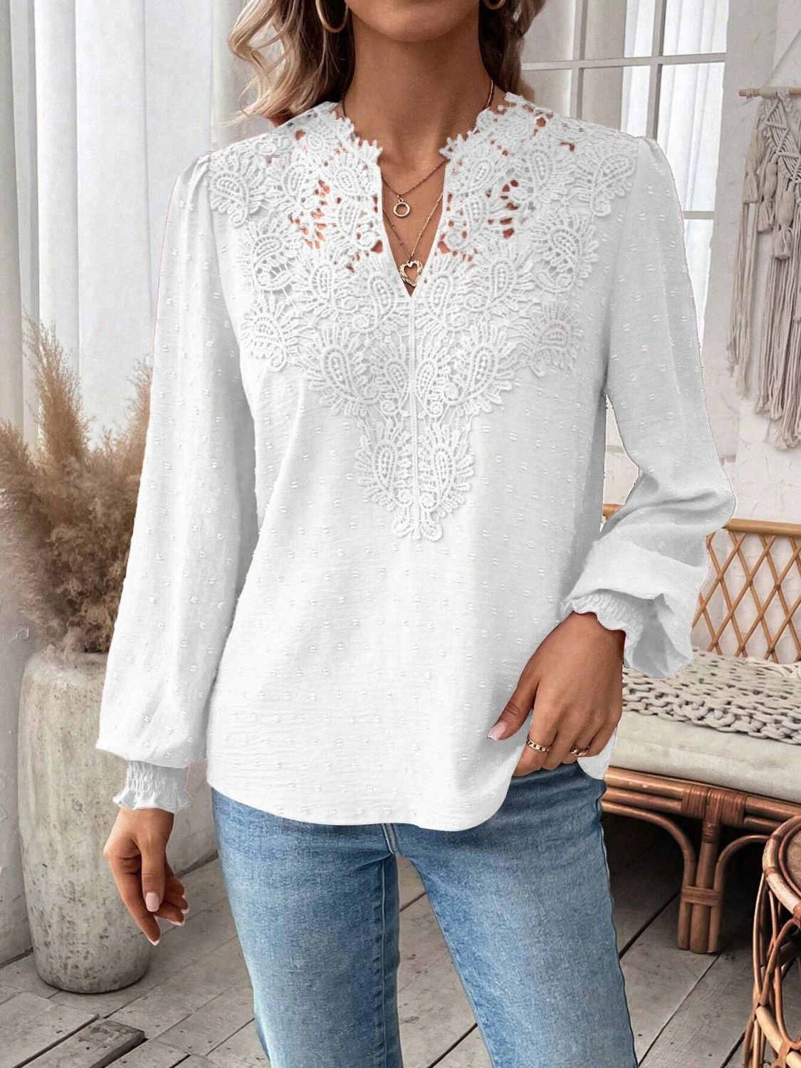 Swiss Dot Lace Detail Notched Long Sleeve Blouse-TOPS / DRESSES-[Adult]-[Female]-2022 Online Blue Zone Planet