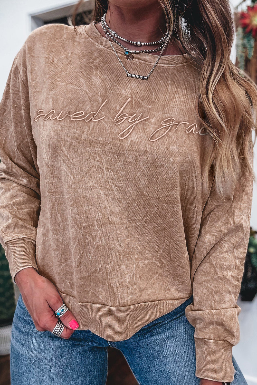 DUNE saved by grace Letter Embroidery Mineral Wash Loose Sweatshirt-Tops/Sweatshirts & Hoodies-[Adult]-[Female]-2022 Online Blue Zone Planet