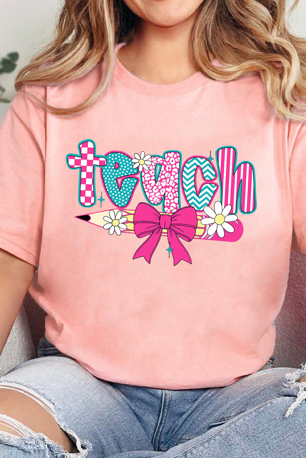 Pink Preppy Retro Checkered Coquette Teach Graphic T-Shirt-Graphic/Graphic Tees-[Adult]-[Female]-2022 Online Blue Zone Planet