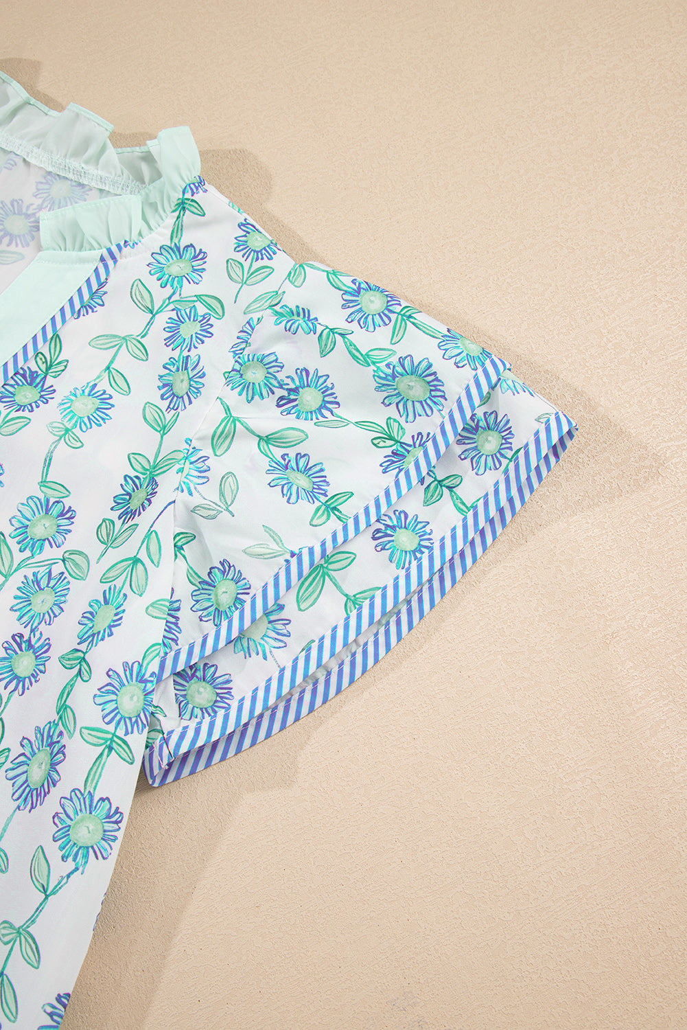 Green Floral Print Striped Detail Contrast V Neck Patchwork Flutter Sleeve Blouse-Tops/Blouses & Shirts-[Adult]-[Female]-2022 Online Blue Zone Planet