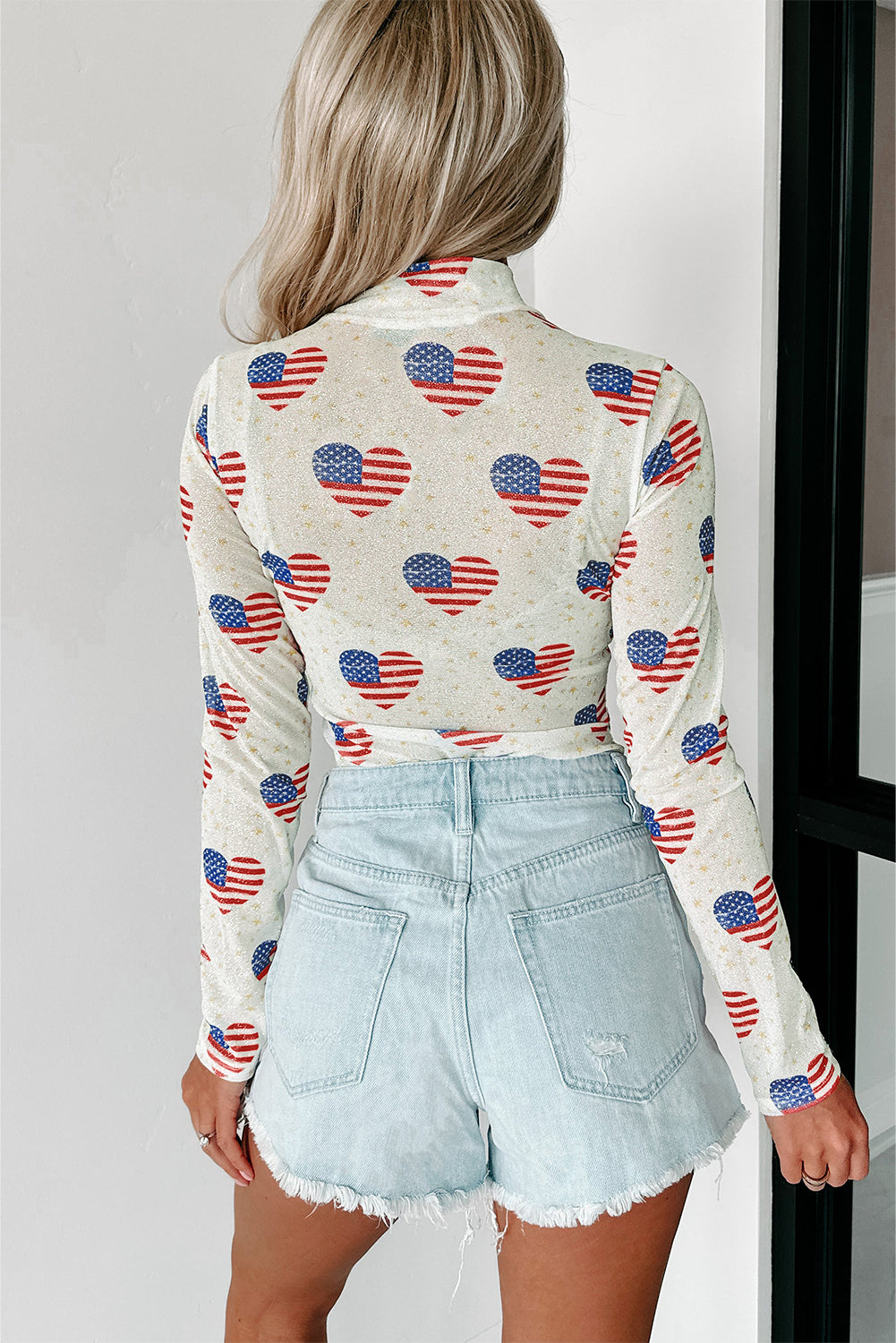 White Heart USA Flag Print Glitter Mesh Bodysuit-20% OFF-[Adult]-[Female]-2022 Online Blue Zone Planet