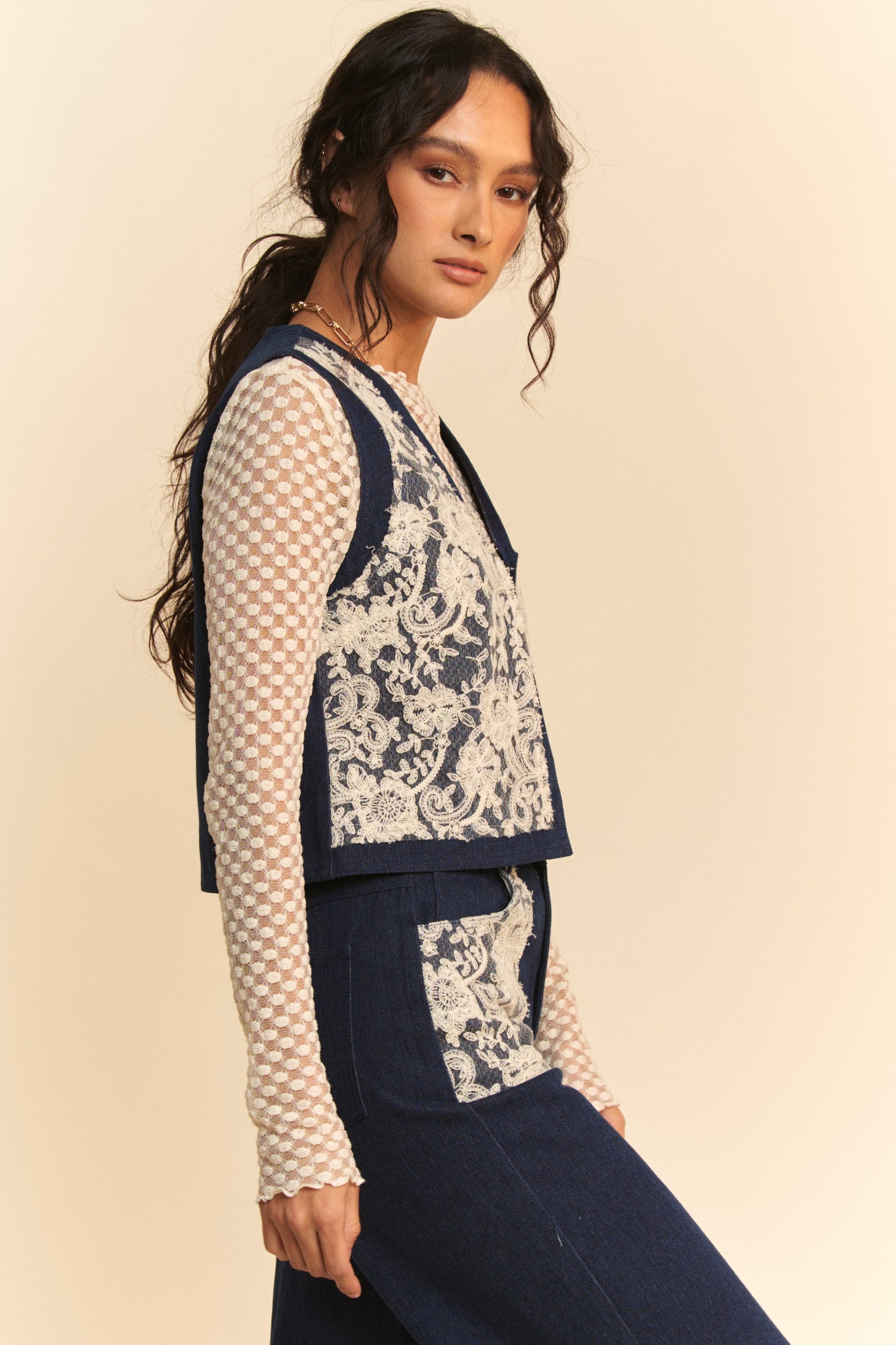 Davi & Dani Lace Patch Open Front Denim Vest-TOPS / DRESSES-[Adult]-[Female]-2022 Online Blue Zone Planet