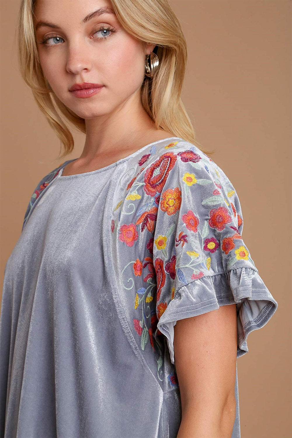 Blue Zone Planet | Umgee Velvet Embroidery Short Sleeve Blouse-TOPS / DRESSES-[Adult]-[Female]-2022 Online Blue Zone Planet