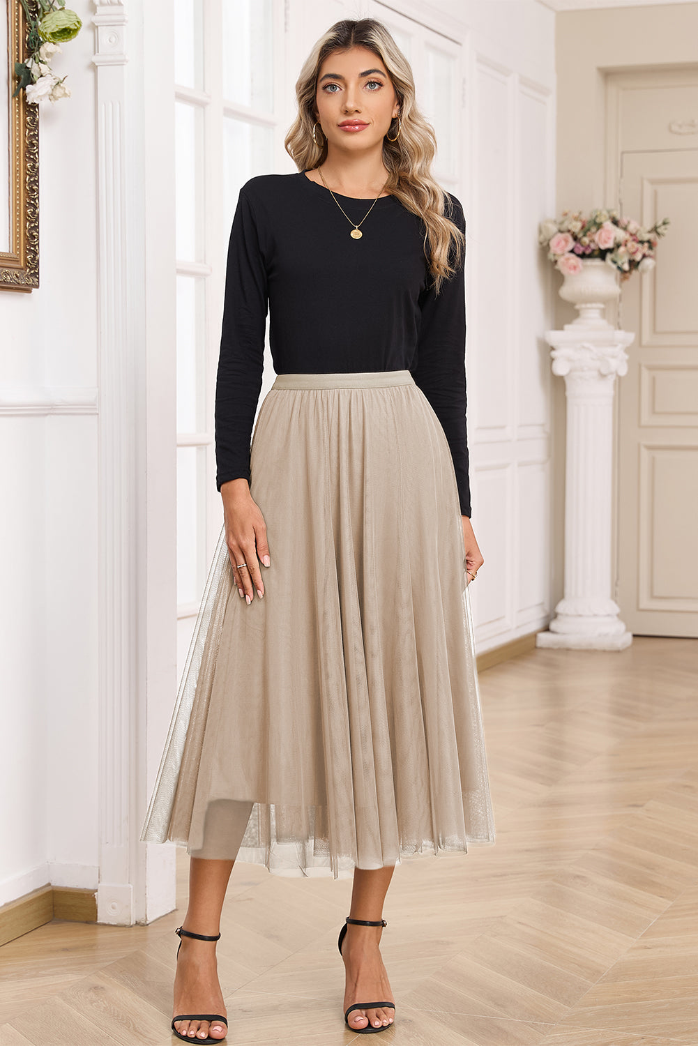 Apricot Tulle Mesh Overlay Flared Midi Skirt-Bottoms/Skirts & Petticoat-[Adult]-[Female]-2022 Online Blue Zone Planet