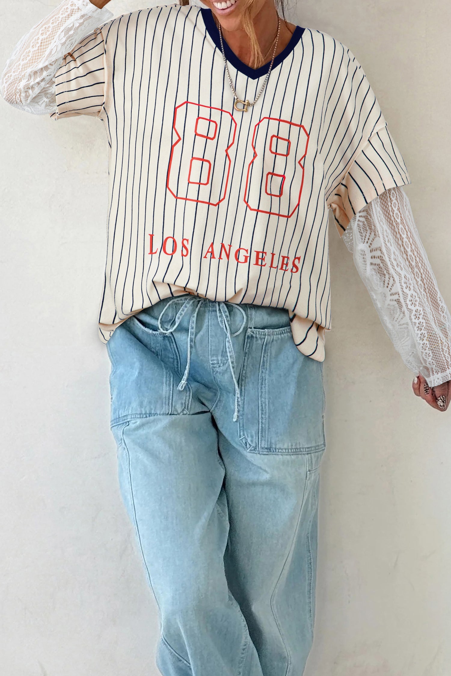 Blue Stripe 88 Los Angel Graphic Lace Patchwork Faux Two Piece V Neck Top-Tops/Long Sleeve Tops-[Adult]-[Female]-Blue Stripe-S-2022 Online Blue Zone Planet
