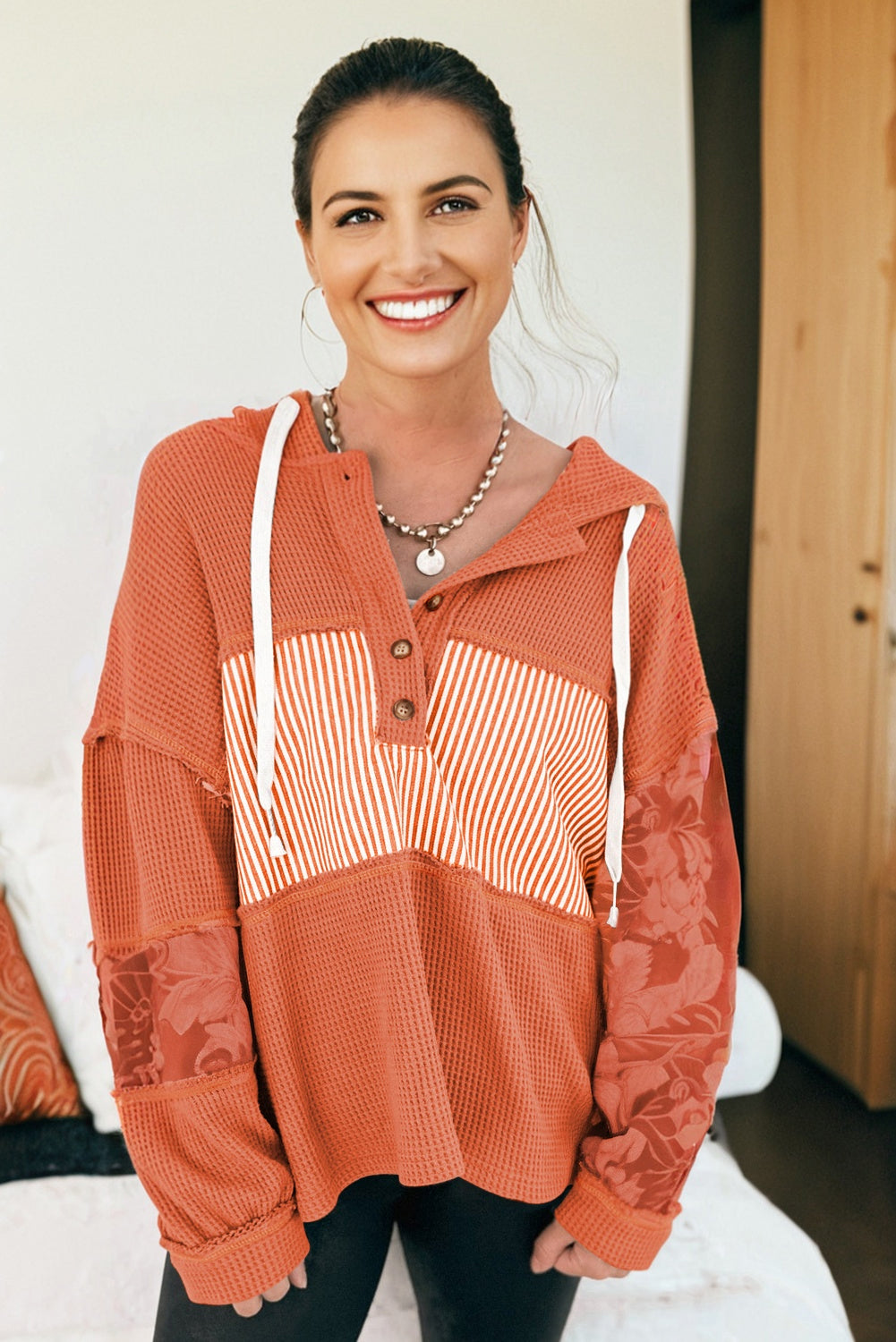 Cinnamon Waffle Printed Patchwork Drawstring Hooded Long Sleeve Top-Tops / Dresses-[Adult]-[Female]-2022 Online Blue Zone Planet