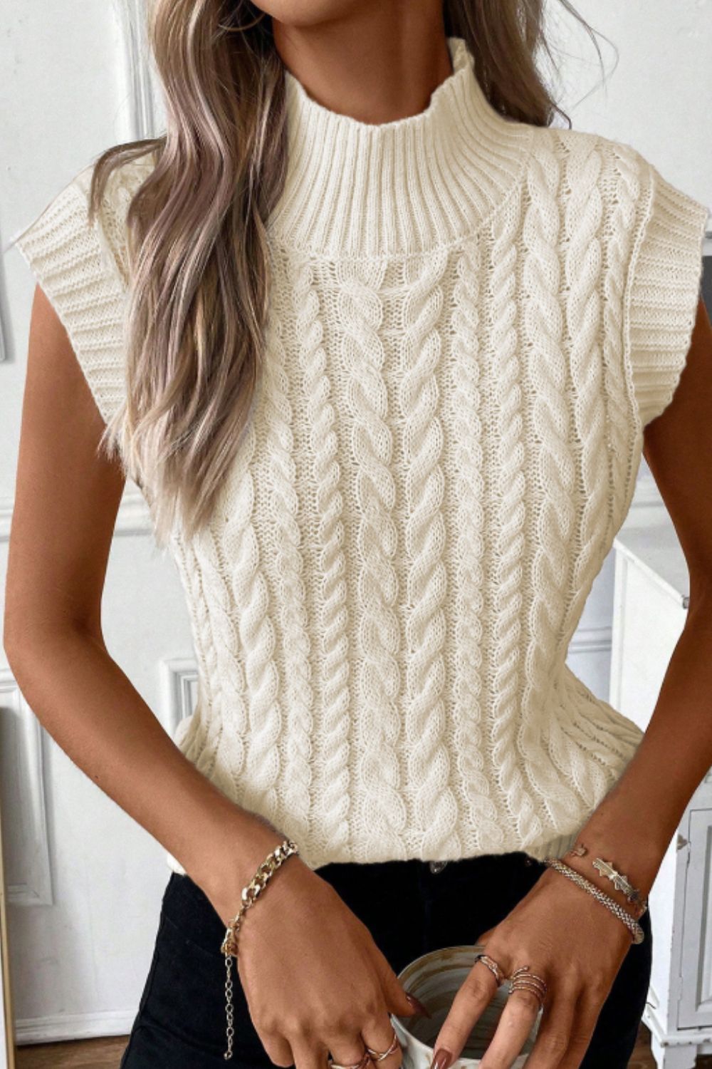 Cable Knit Turtleneck Sweater Vest-TOPS / DRESSES-[Adult]-[Female]-2022 Online Blue Zone Planet