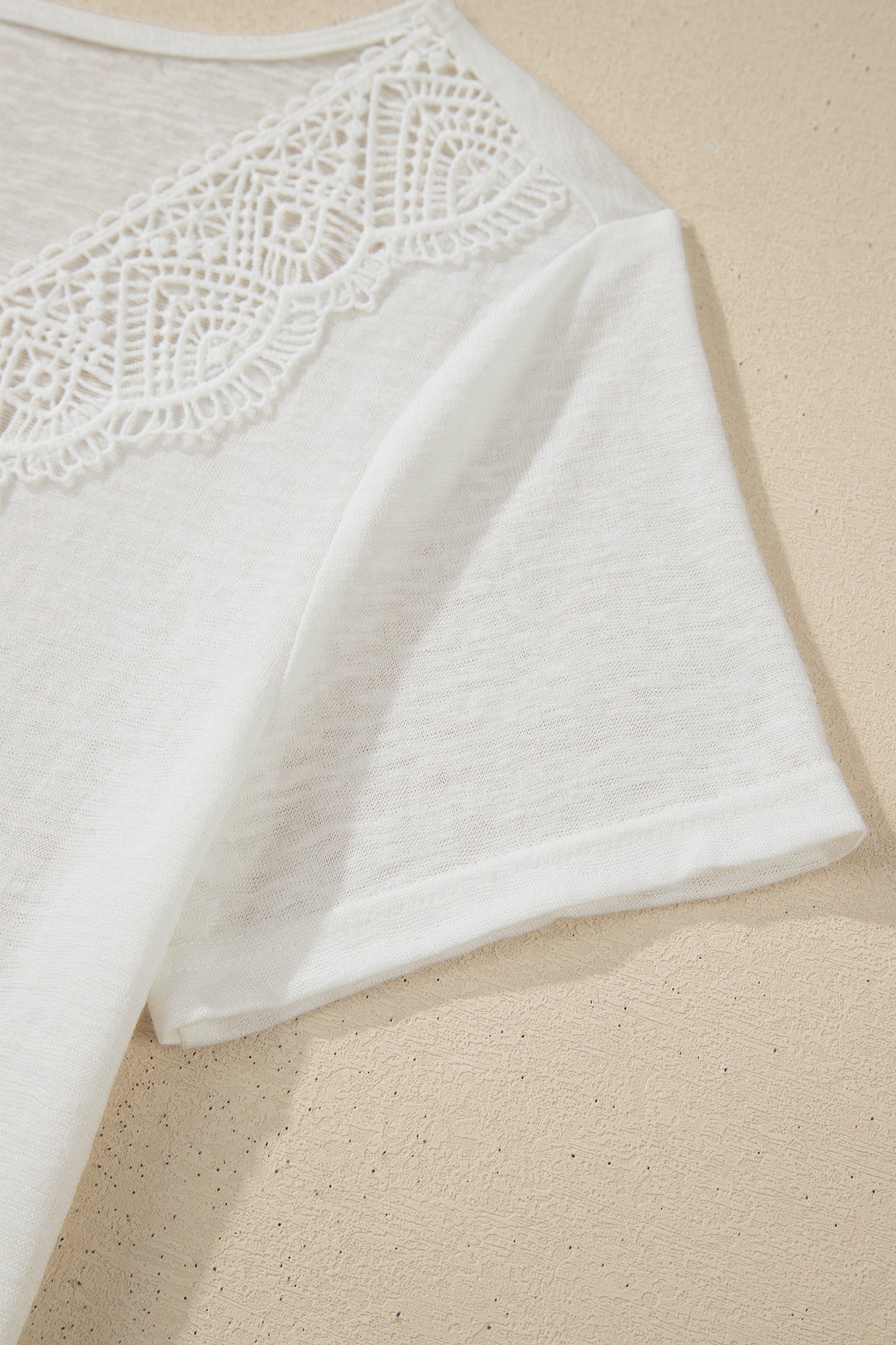 White Hollowed Lace Splicing V Neck T Shirt-Tops/Tops & Tees-[Adult]-[Female]-2022 Online Blue Zone Planet