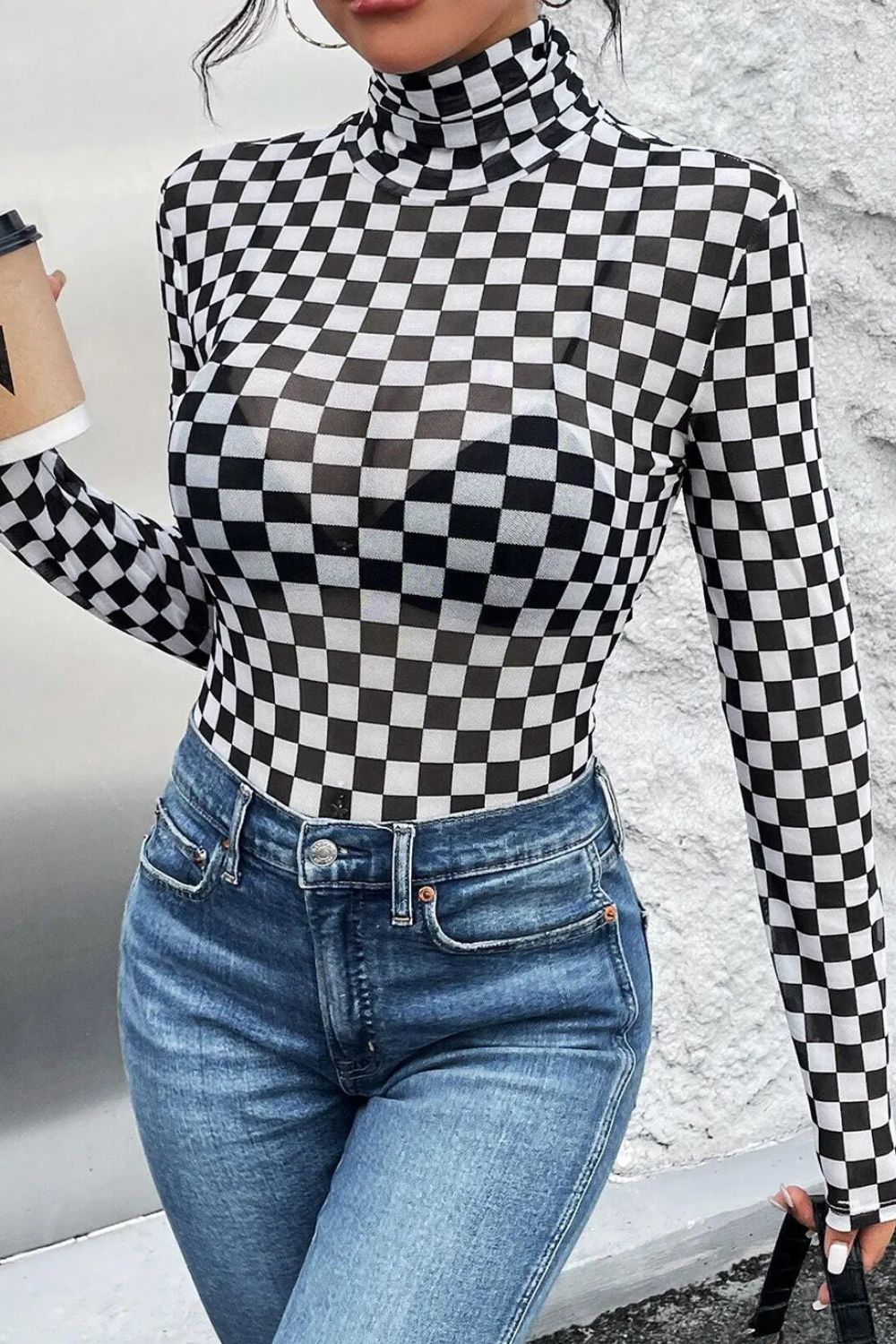 Checkered Turtleneck Long Sleeve Bodysuit-TOPS / DRESSES-[Adult]-[Female]-2022 Online Blue Zone Planet